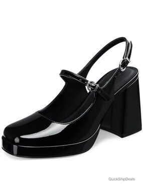 Women's Mary Jane Pumps Chunky Platform Slingback Heels Closed Toe Faux Leather